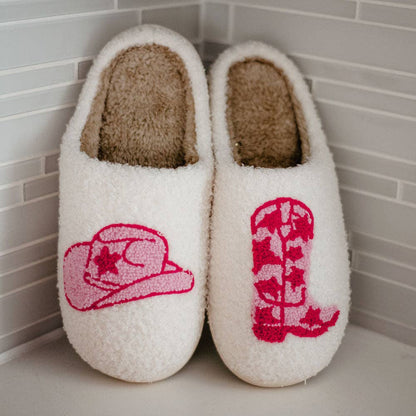 Boot and Cowgirl Hat Western Slippers: White / L/XL