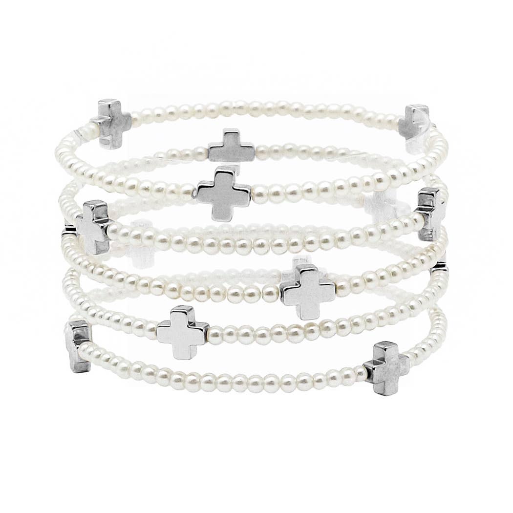 Cross accent multi layered pearl beaded stretch bracelet: Gold/Cream pearl / ONE SIZE