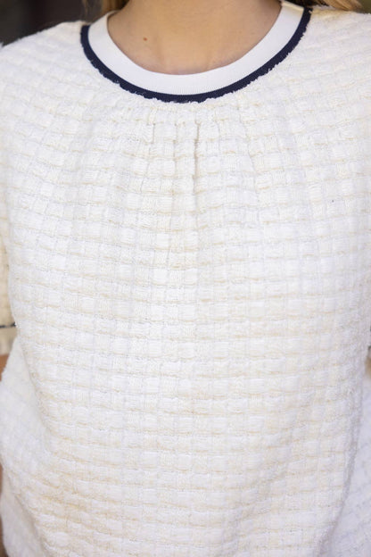 Tweed Puff Sleeve Stripe Ruffle Band Top: Ivory