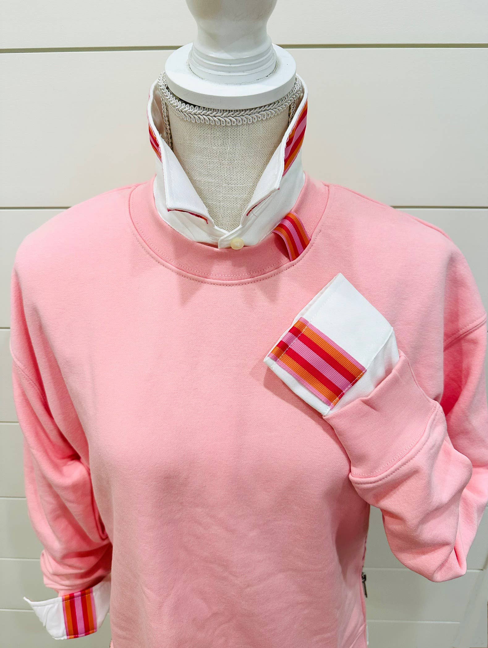 Danny Sweatshirt - Pink w Pink &amp; Orange Stripe Ribbon: Pink w Pink &amp; Orange Stripe Ribbon / M (8-10) L (12-14)