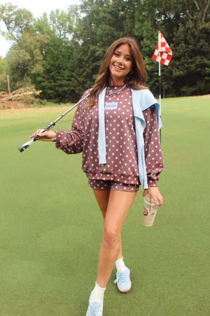 Brown &amp; Blue Dot Delta T Mockneck Set: S/M