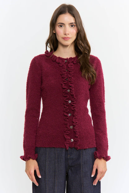 CEW26312 COZY RUFFLED-TRIMMED CARDIGAN: Burgundy / S-M-L(3-2-1)