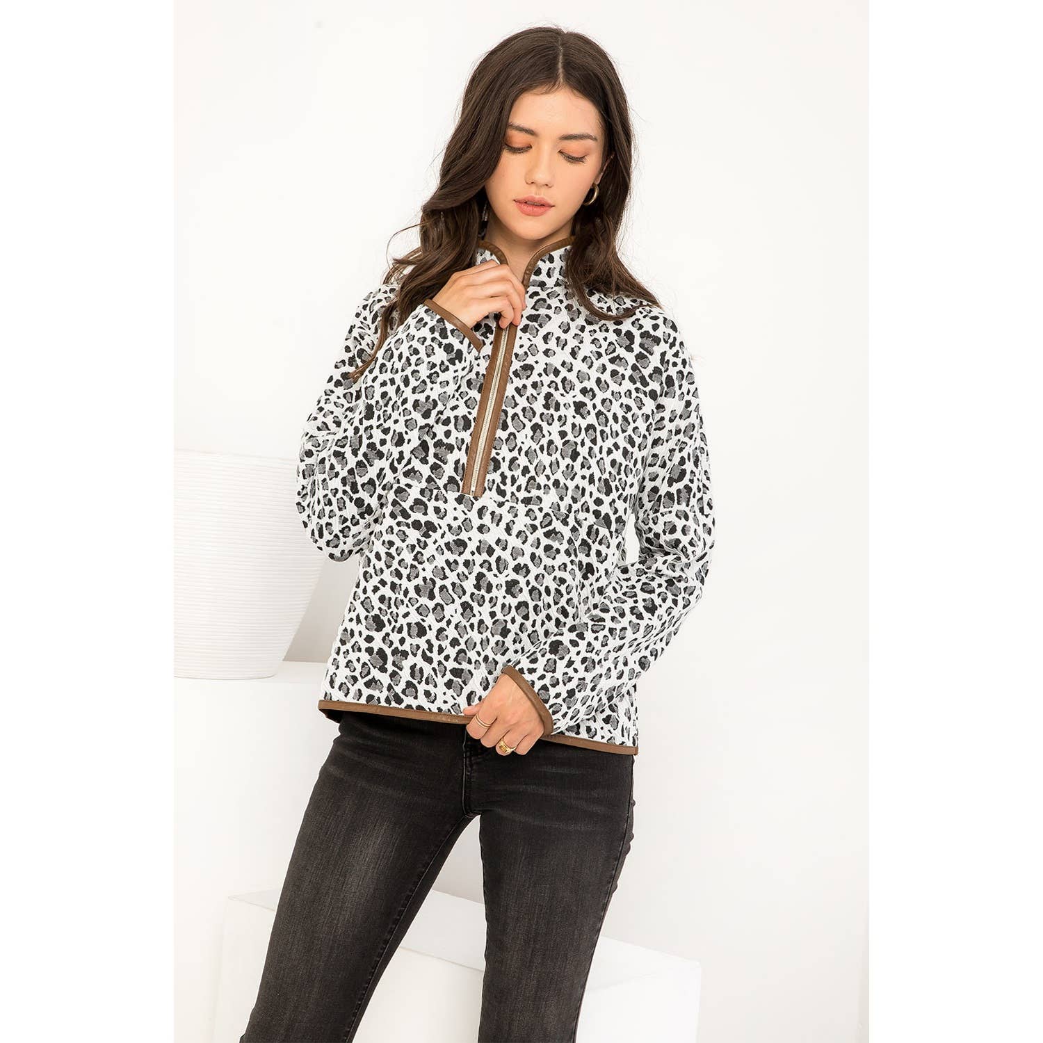 THML Cheetah Half Zip Sweater: WHITE