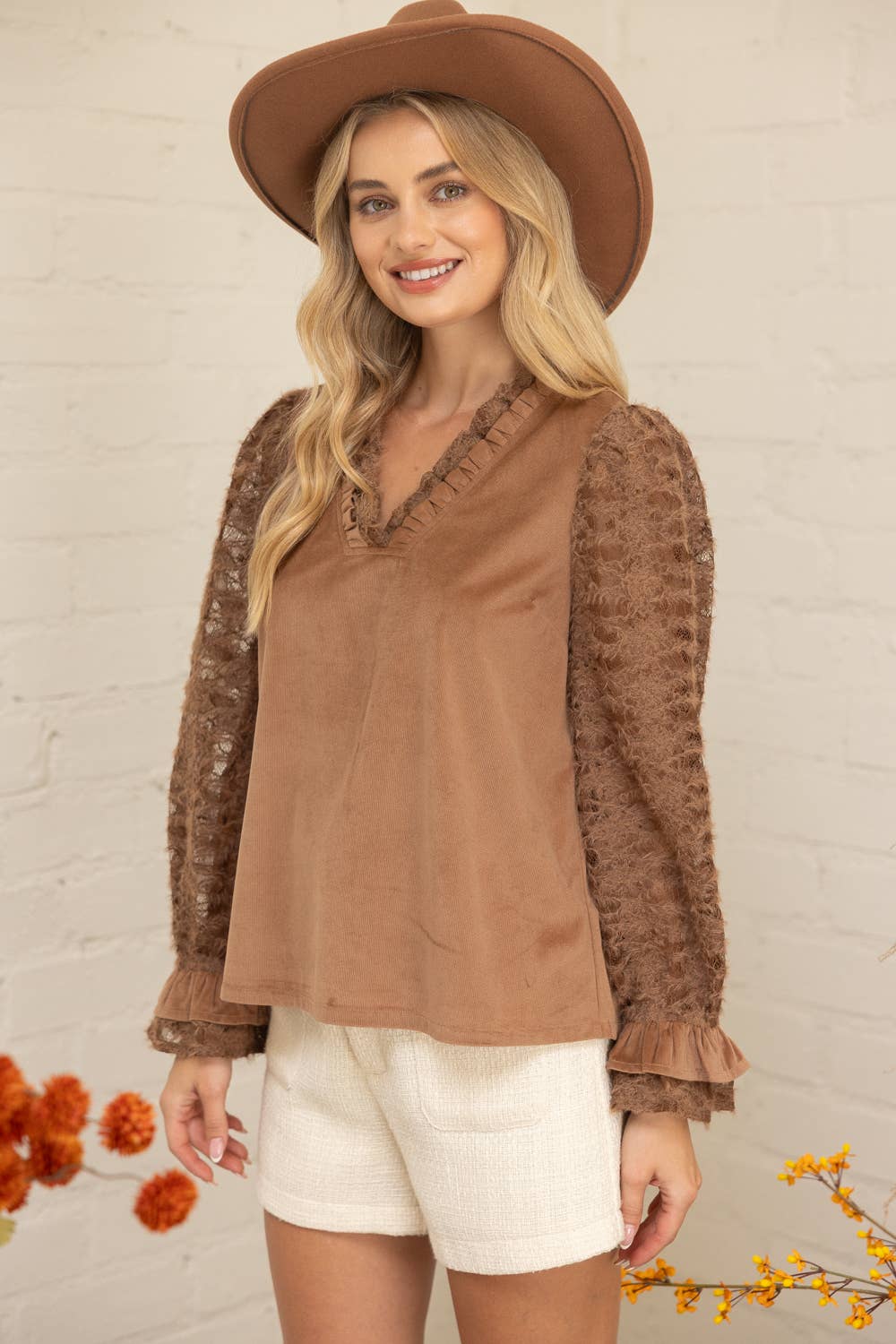 Voy Lace Long Sleeve Ruffle Detailed Corduroy Top: Brown
