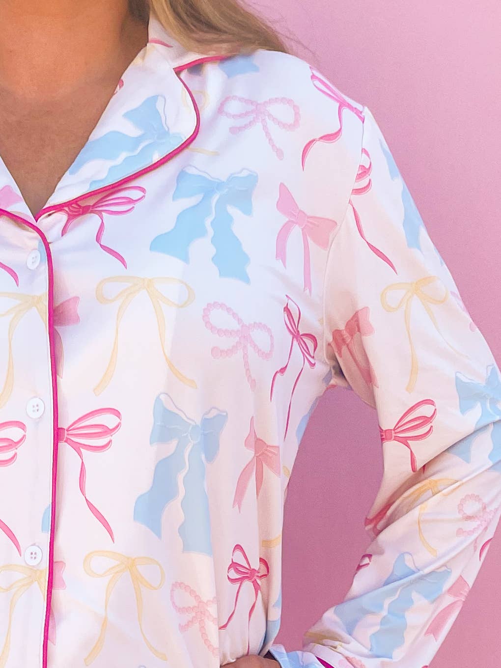 Pink Pastel Bows Long Sleeve Loungewear Pajama Set: M