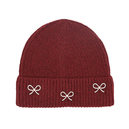 Pearl Bow Embellished Cuff C.C Beanie HTE0148: Ivory