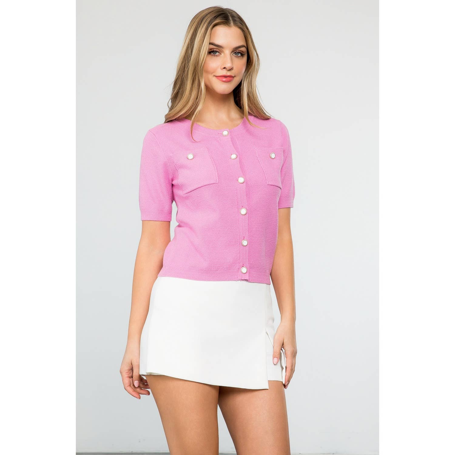 Short Sleeve Button Up Knitted Top: PINK / XS-S-M-L(1-2-2-1)