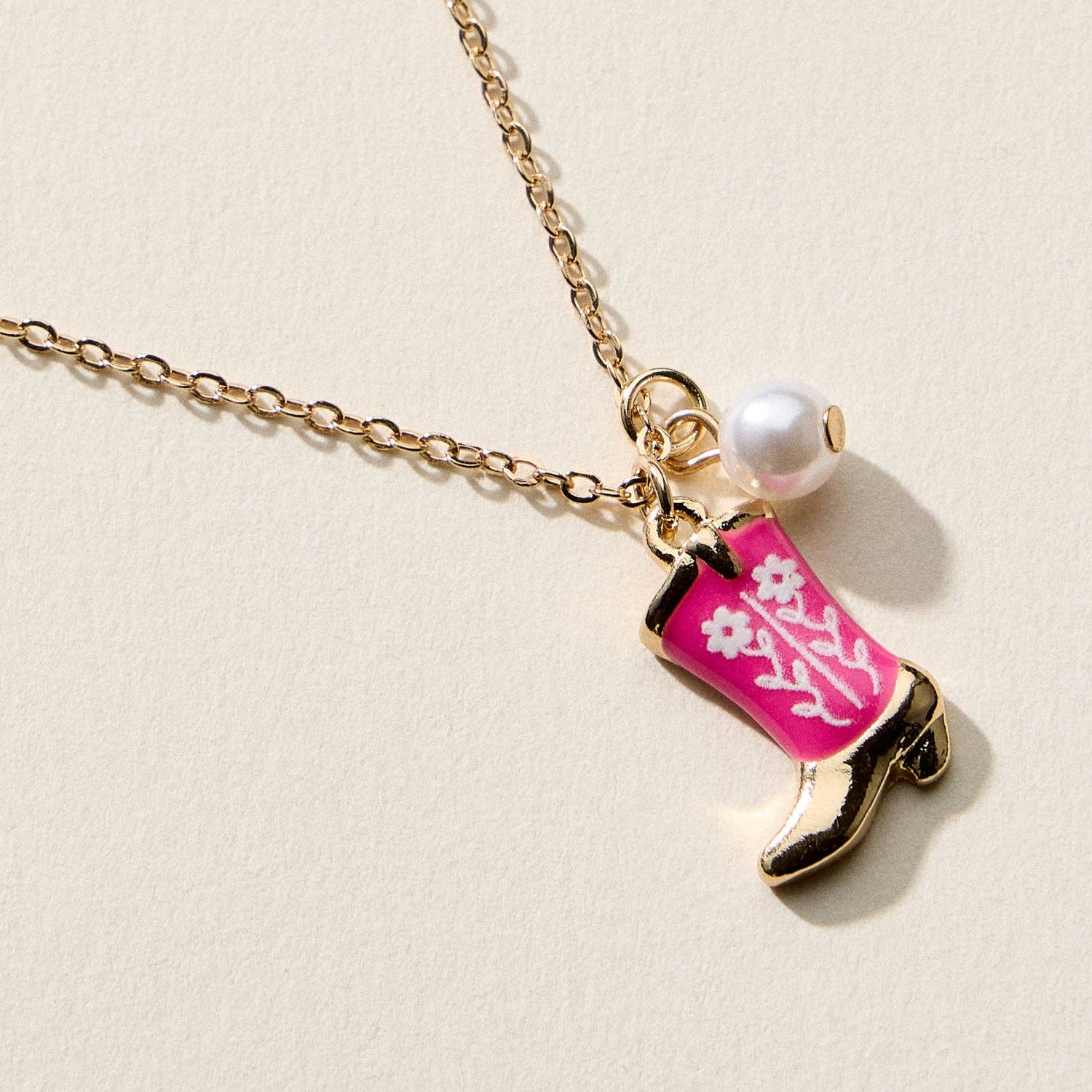 Necklace – Cowboy Boot Pendant with Printed Detail &amp; Pearl Accent: PINK