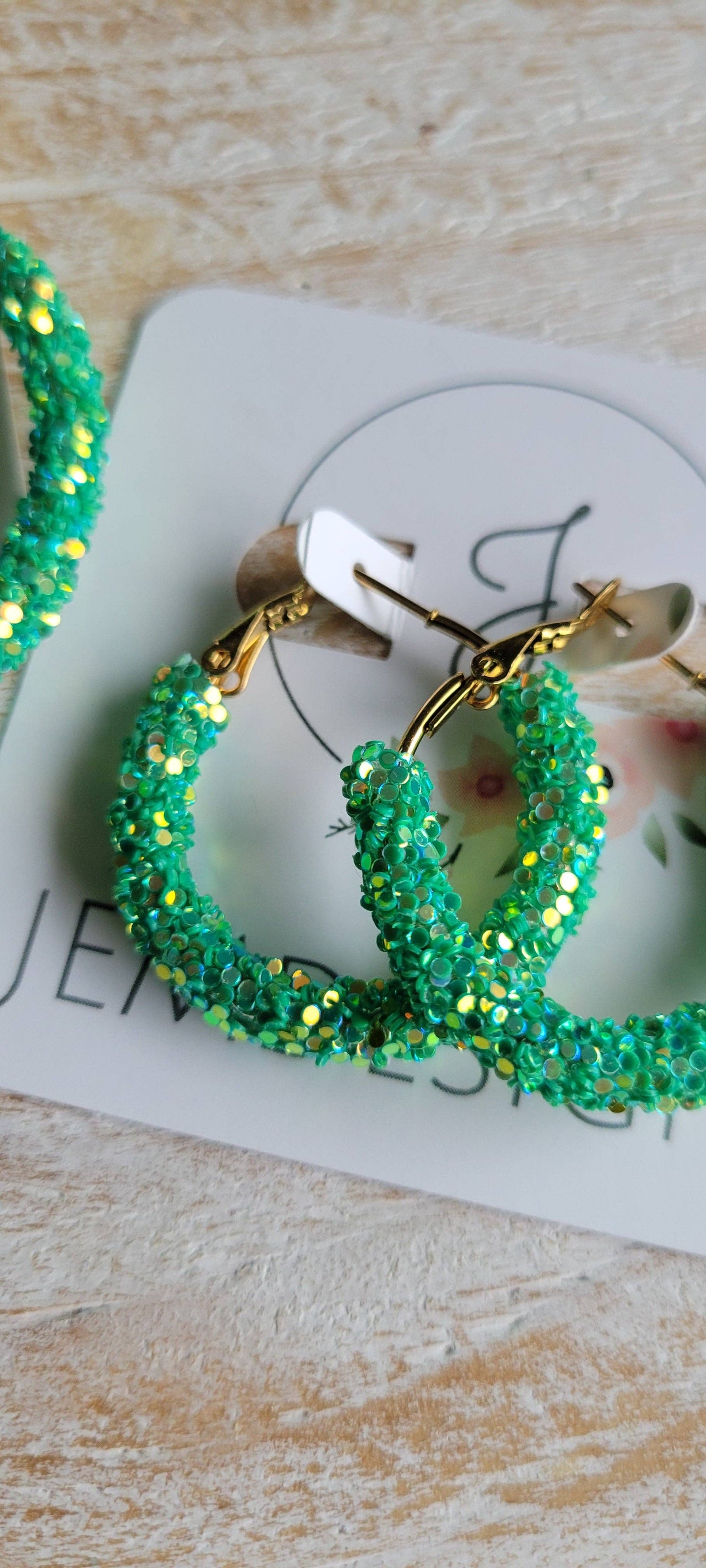 Green Glitter Hoop Earrings: Large