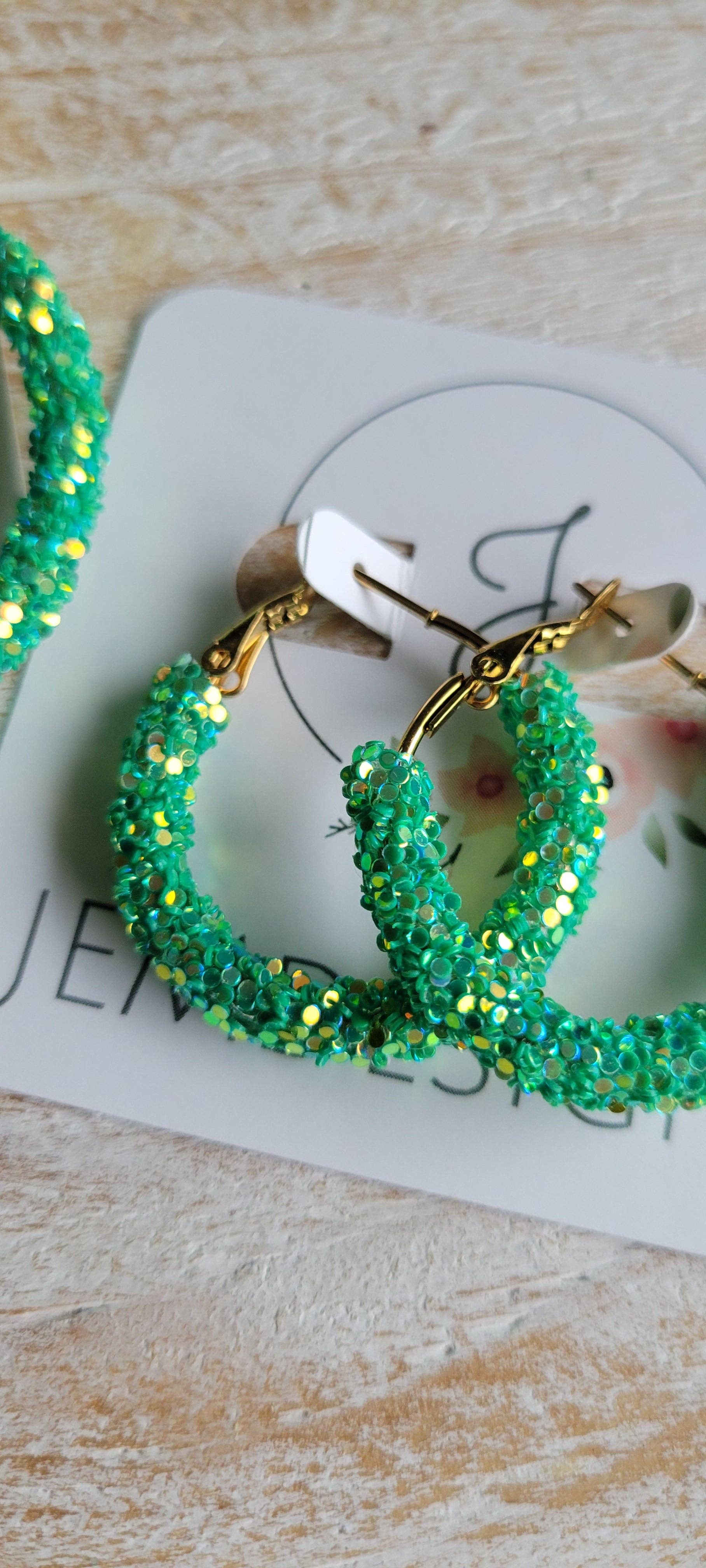 Green Glitter Hoop Earrings: Large