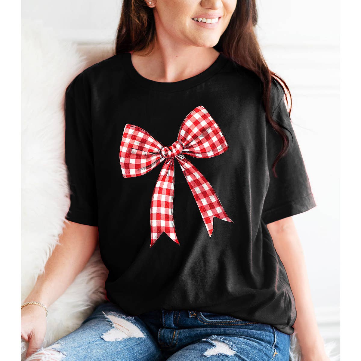 Red Check Bow T-Shirt: Royal Blue