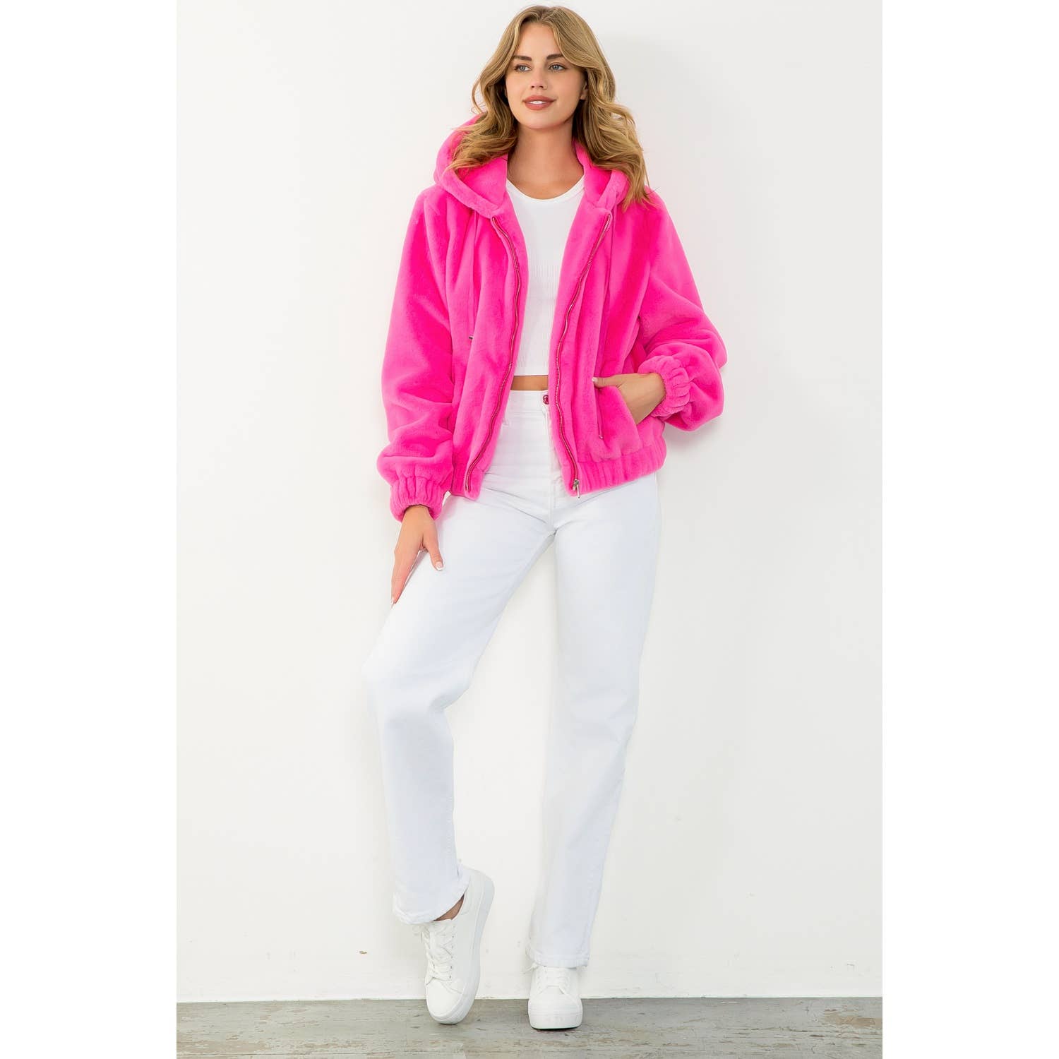 Faux Fur Jacket: PINK / XS-S-M-L(1-2-2-1)