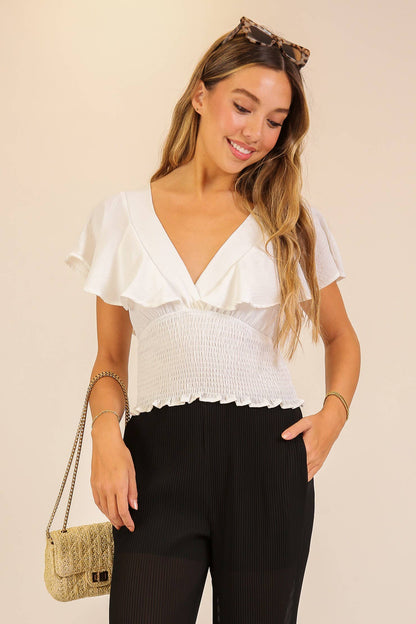 Spring Flutter Sleeve Smocked Wrap Top: Black / M