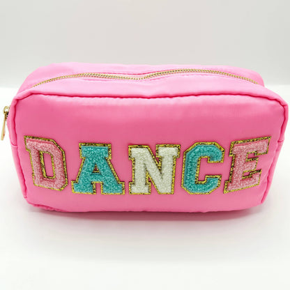 Cosmetic or Toiletry Bag with Varsity Letter Patches: Dark Pink with STUFF