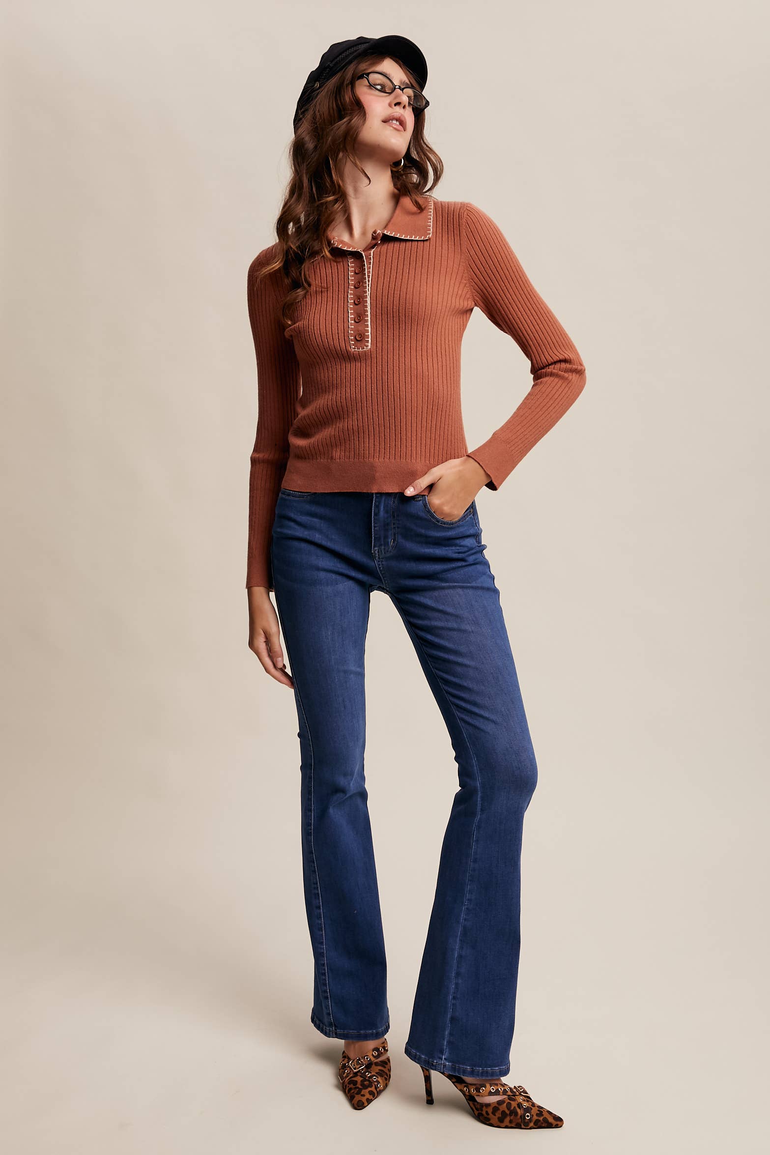 Contrast Stitch Ribbed Knit Top LSW0998: Black / M