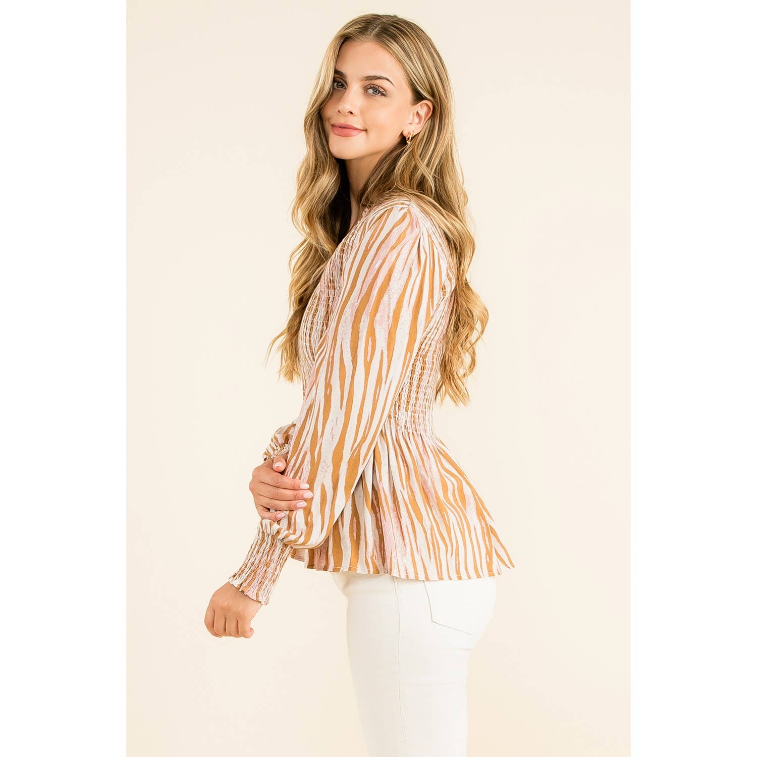 Smocked Zebra Print Top: GRAY / XS