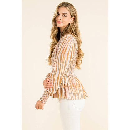 Smocked Zebra Print Top: GRAY / XS