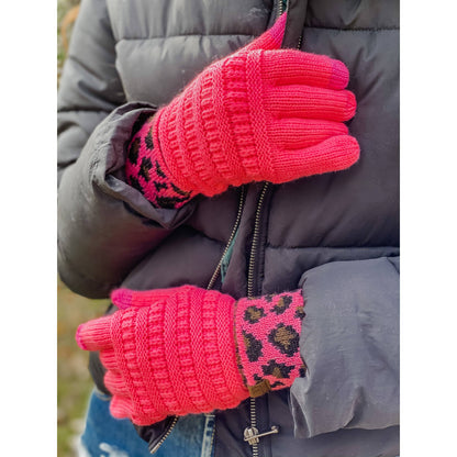 Solid Cable Knit Leopard Cuff CC Gloves G80: Black