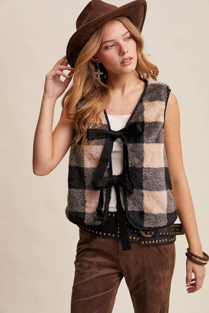Reversible Tie-Front Fuzzy Vest LVT019: Black / Contemporary