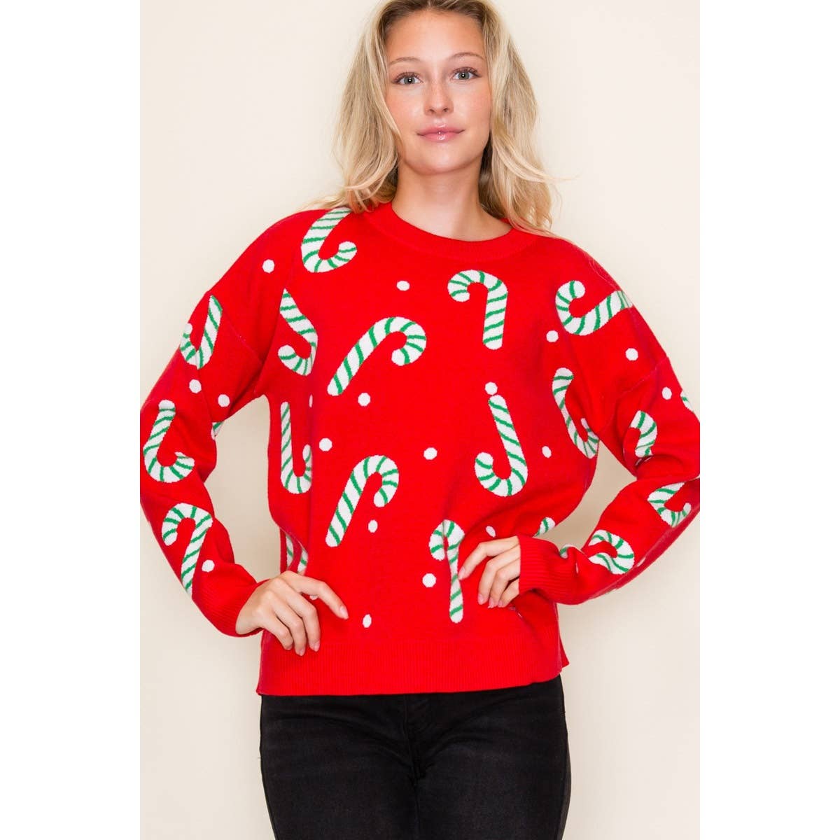 CHRISTMAS CANDY CANE SWEATER: GREEN / S-M-L-XL(2-2-2-1)