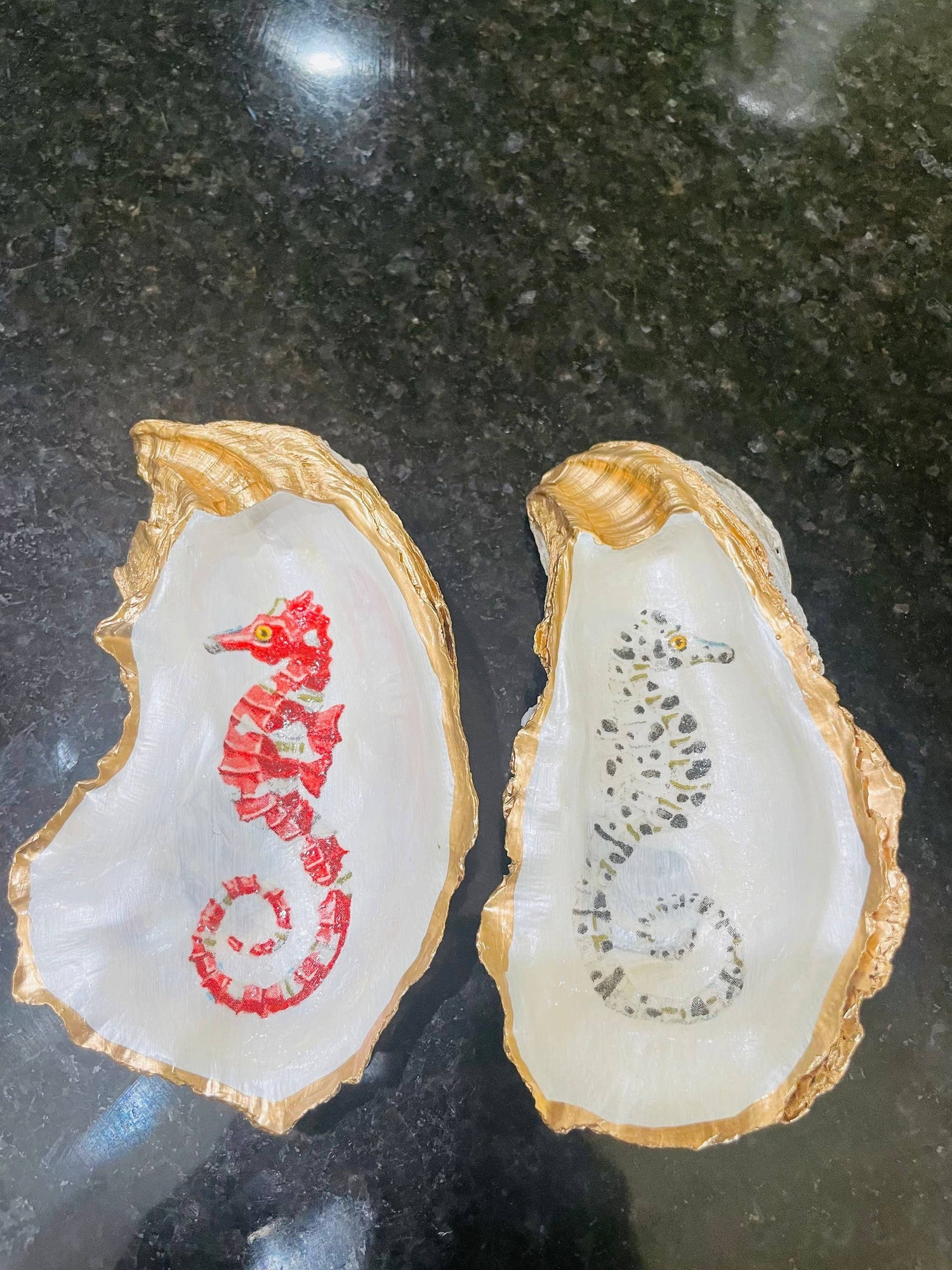 Oyster Shell trinket Dish, Seahorse Oyster Trinket Dish: Red