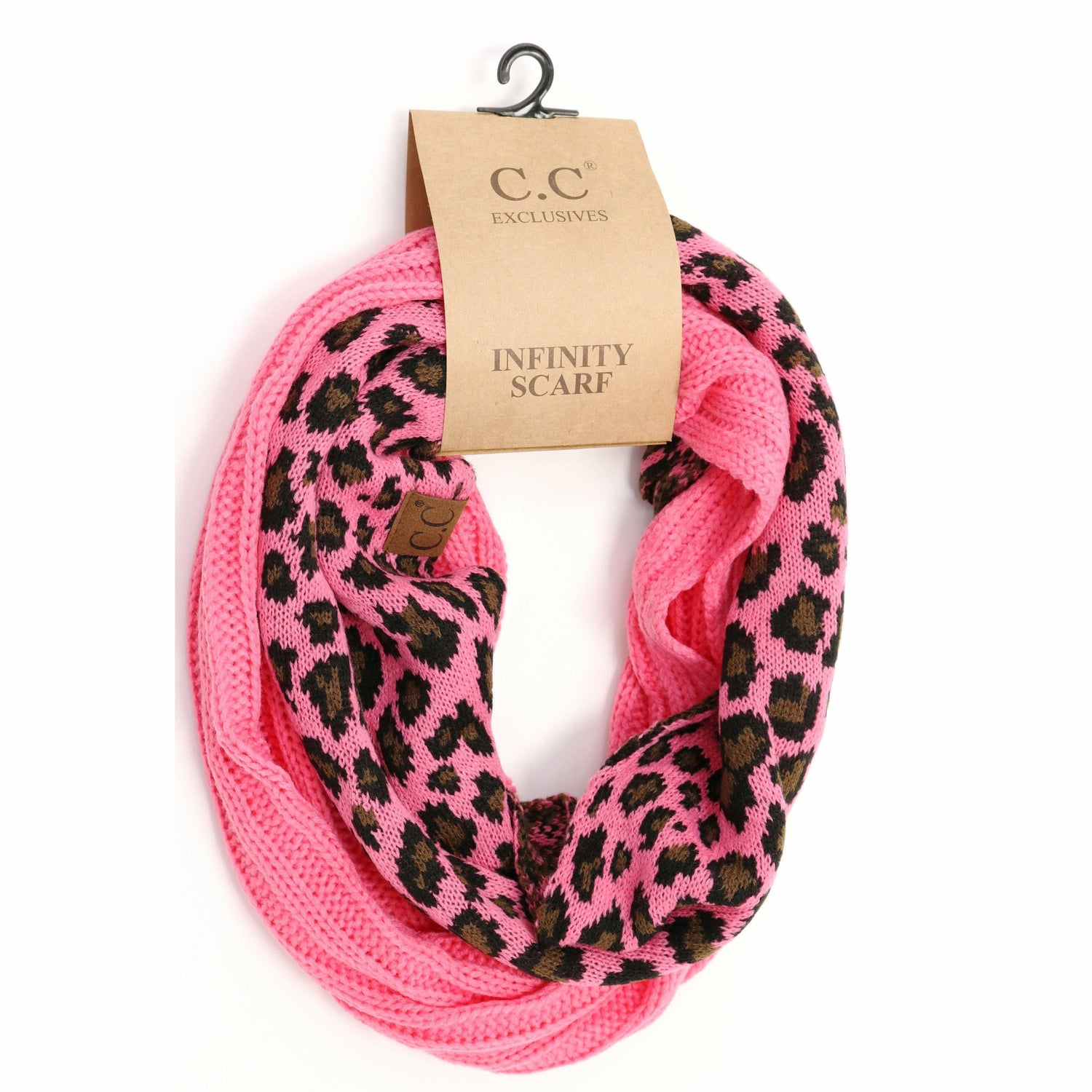 Ribbed Knit Leopard Accent CC Infinity Scarf SF80: Black