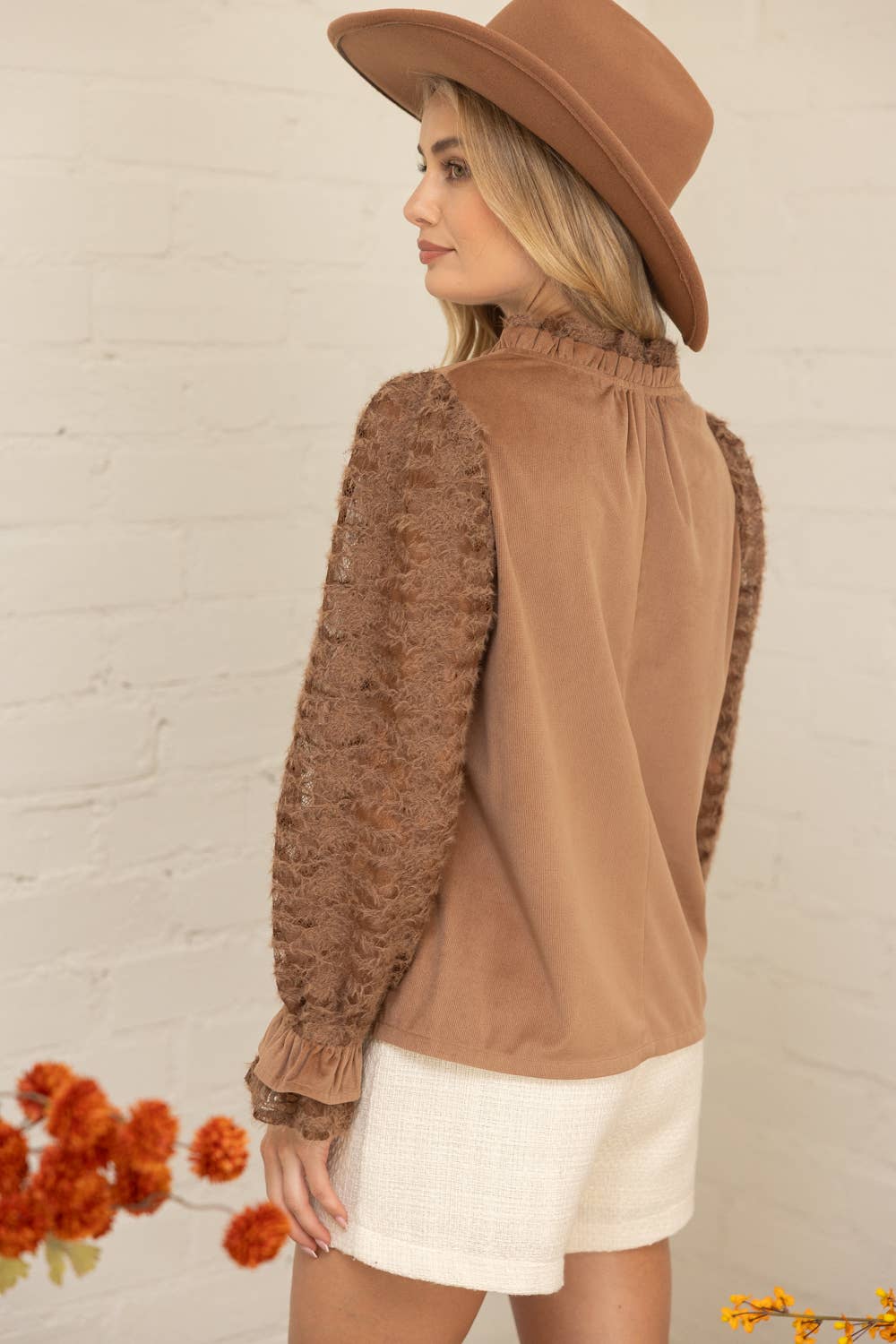 Voy Lace Long Sleeve Ruffle Detailed Corduroy Top: Brown