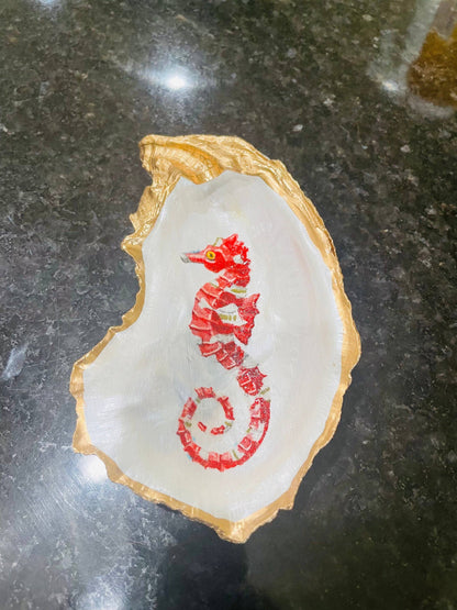 Oyster Shell trinket Dish, Seahorse Oyster Trinket Dish: Red