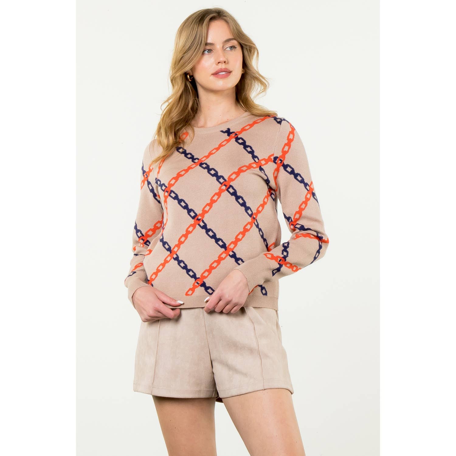Chain Print Sweater: TAUPE / L