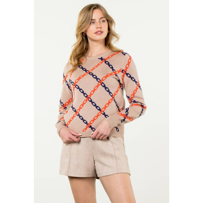 Chain Print Sweater: TAUPE / L