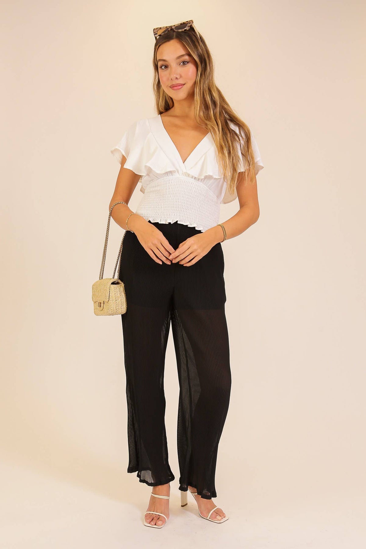Spring Flutter Sleeve Smocked Wrap Top: Black / M
