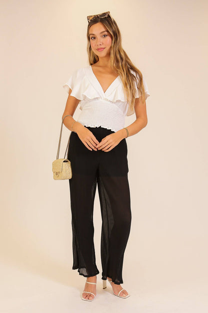 Spring Flutter Sleeve Smocked Wrap Top: Black / S