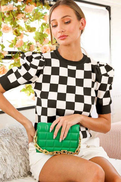 Crew Neck Short Puff Sleeve Checkerboard Sweater Top VT81345: RUST / L