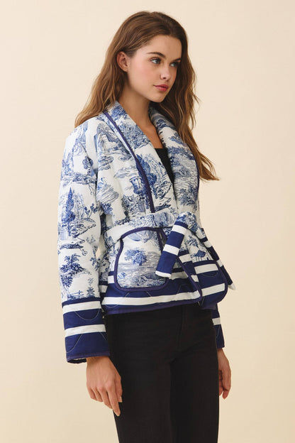 CJ6647-Toile Print Striped Accents Detachable Belt Jacket: NAVY / S