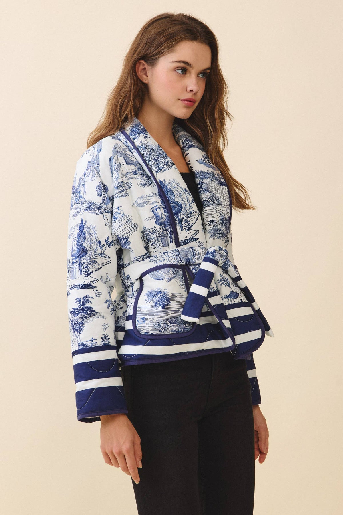 CJ6647-Toile Print Striped Accents Detachable Belt Jacket: NAVY / M