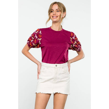 Embroidered Horse Print Top: BURGUNDY / XS-S-M-L(1-2-2-1)