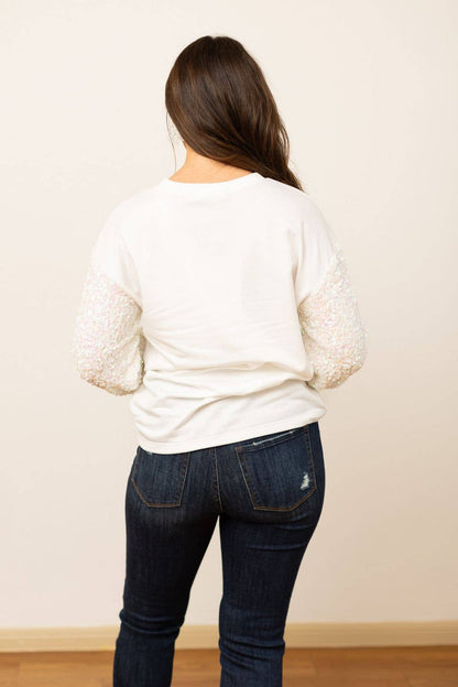 MERRY Sequins White Sweater with sequins sleeves: White / M