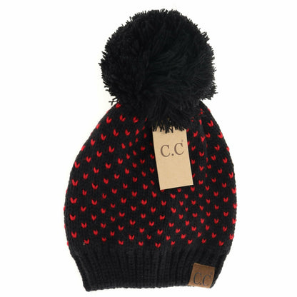 Heart Knit Pom Beanie HAT2088: Ivory/Pink