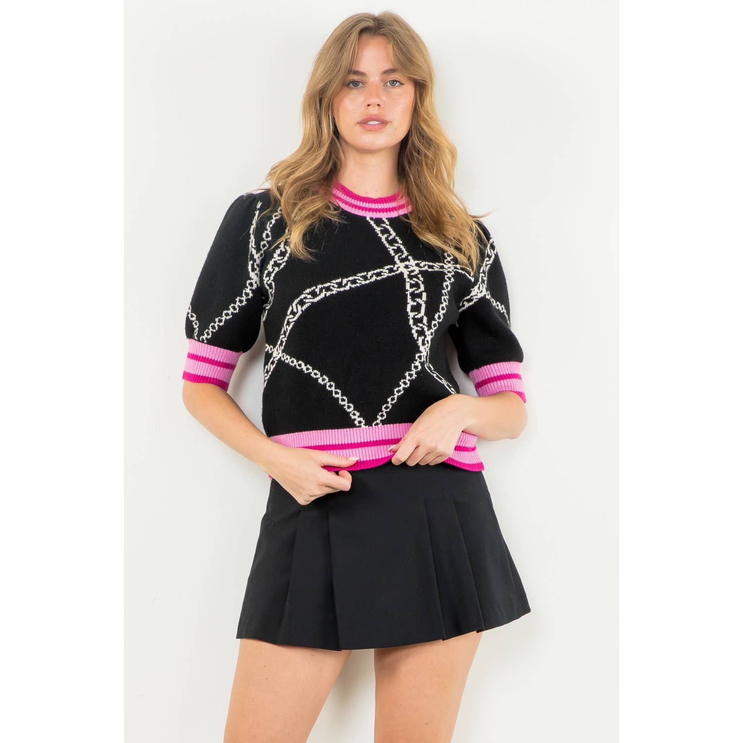 THML Short Sleeve Knit Top: BLACK / LARGE