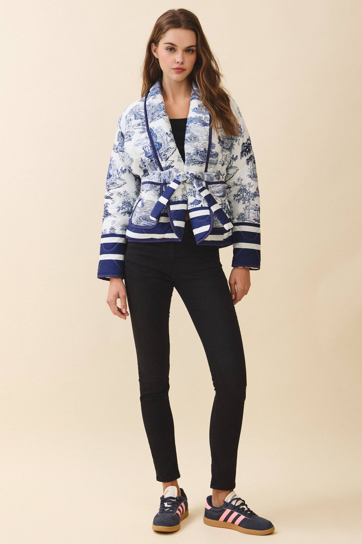 CJ6647-Toile Print Striped Accents Detachable Belt Jacket: NAVY / S
