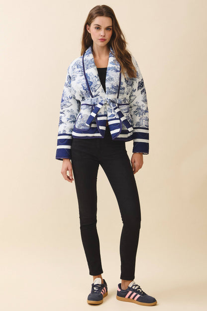 CJ6647-Toile Print Striped Accents Detachable Belt Jacket: NAVY / S