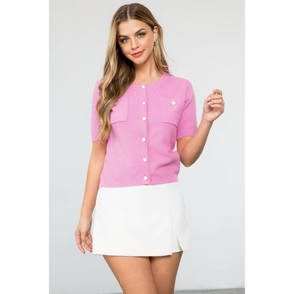 Short Sleeve Button Up Knitted Top: PINK / XS-S-M-L(1-2-2-1)