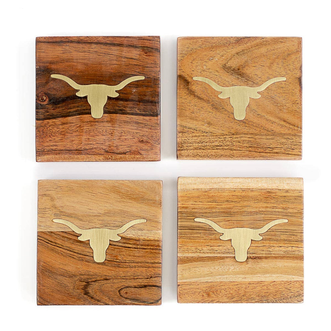 Longhorn Wood Coasters   Natural/Brass   4x4 Set of 4