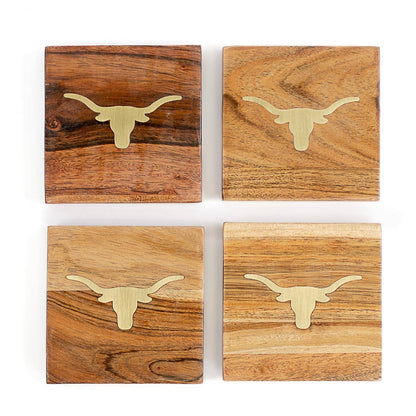 Longhorn Wood Coasters   Natural/Brass   4x4 Set of 4