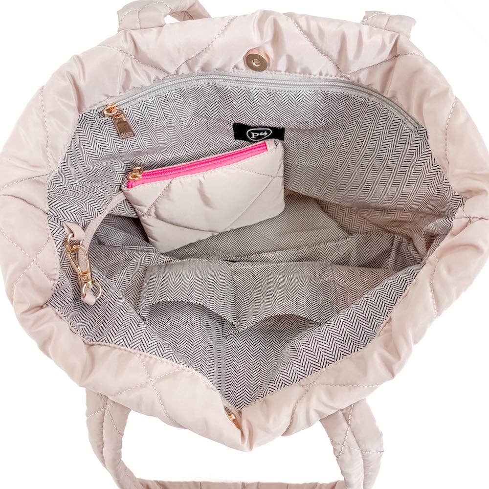Presley Puffer Quilted Tote Bag With Pouch: Blue