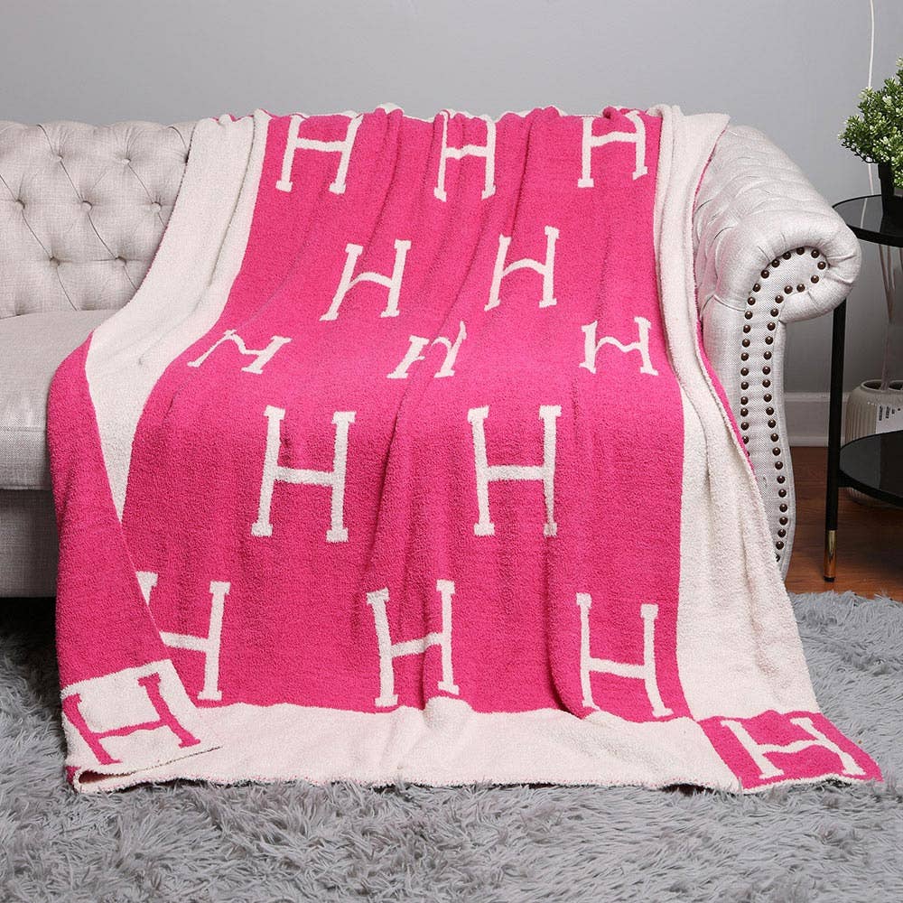 H Initial Monogram Patterned Reversible Throw Blanket: Black faux Hermes