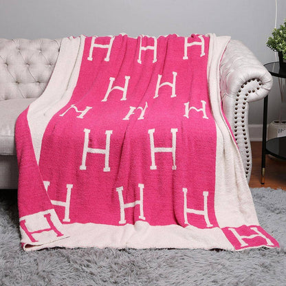 H Initial Monogram Patterned Reversible Throw Blanket: Black faux Hermes