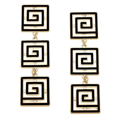 Gretchen Game Day Greek Keys Linked Enamel Earrings: Black by Canvas Style