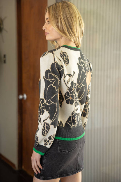 VOY Striped Rib Band Detailed Printed Sweater: Ivory