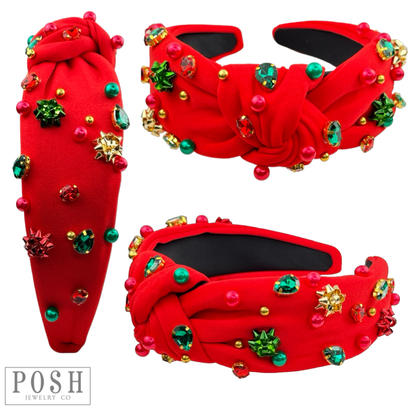 Christmas color rhinestone headband with gift bow and bead charms: Red